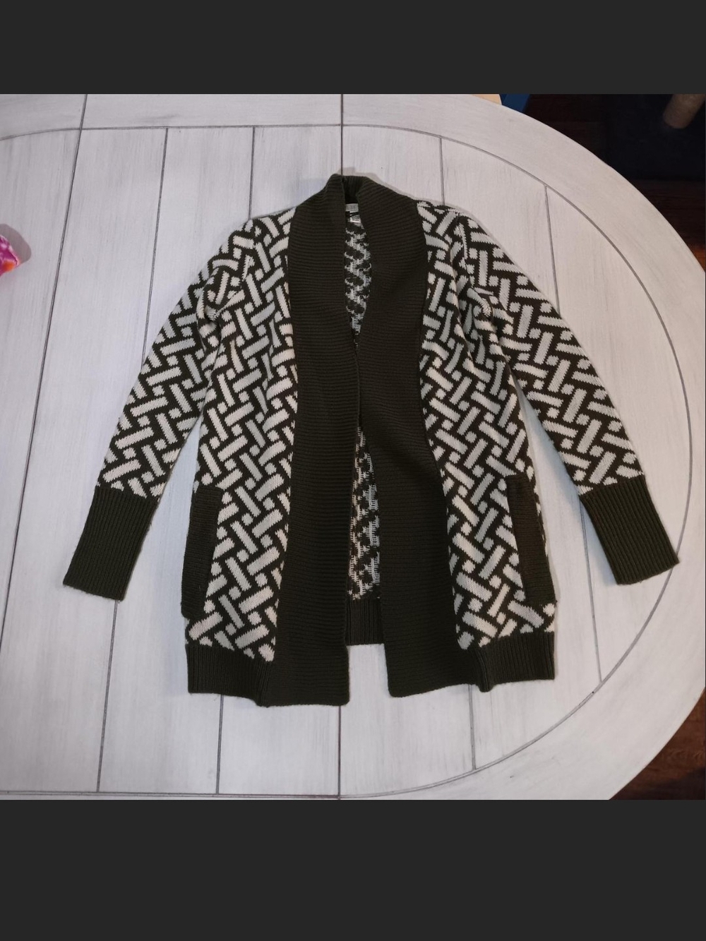 Love By Design Olive Green & Cream Geometric Open-Front Cardigan